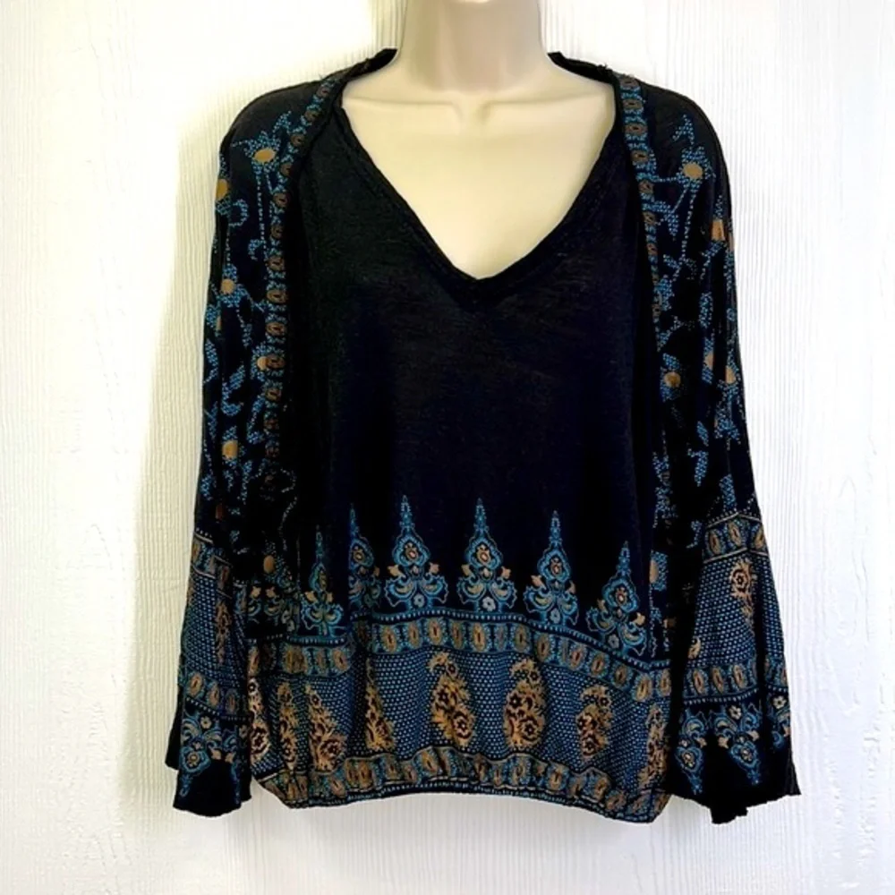 Free People - Black And Gold Medallion Peasant Boho Blouse Size XS